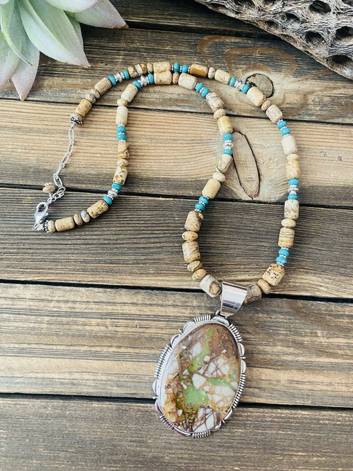 Navajo Jasper, Turquoise And Sterling Silver Beaded Necklace & Pendant Signed - Culture Kraze Marketplace.com
