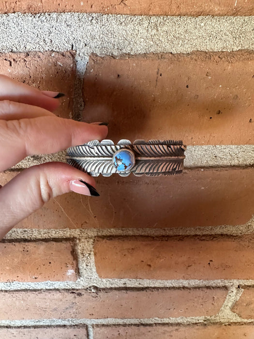Navajo Golden Hills Turquoise & Sterling Silver Feather Cuff Bracelet