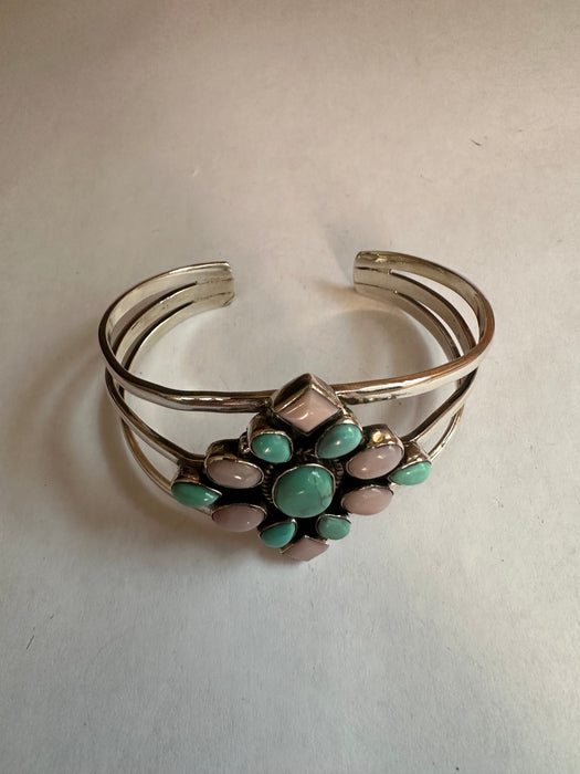 Handmade Sterling Silver, Turquoise & Pink Conch Adjustable Cuff Bracelet