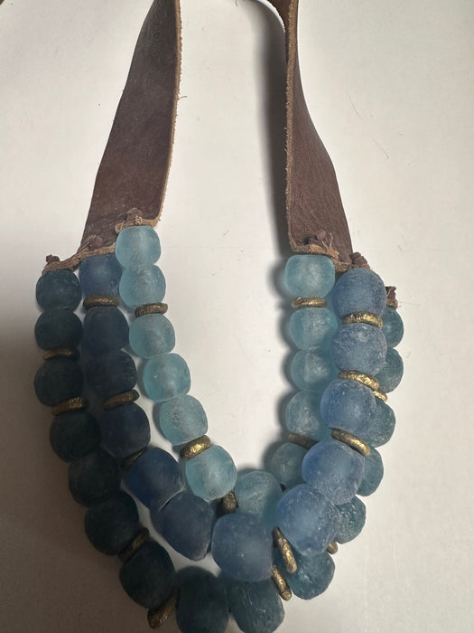 Handmade Recycled Glass 3 Strand Blue Beaded Necklace