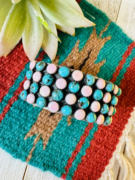 Navajo Sterling Silver, Queen Pink Conch & Turquoise Cuff Bracelet by Leroy James