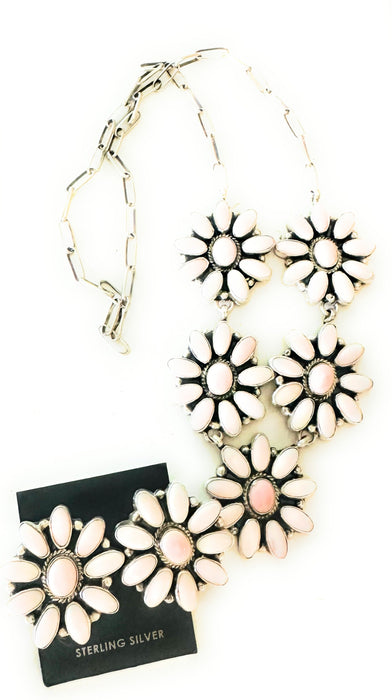 Navajo Queen Pink Conch & Sterling Silver Cluster Necklace Earrings Set