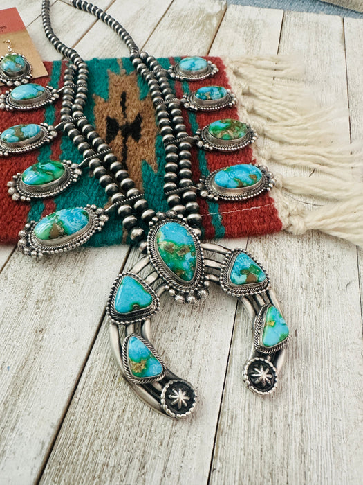 Navajo Sonoran Mountain Turquoise & Sterling Silver Squash Blossom Necklace Set
