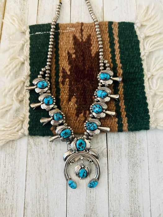 Vintage Navajo Kingman Turquoise & Sterling Silver Squash Blossom Necklace