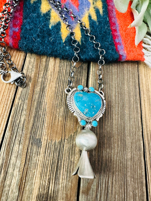 Navajo Sterling Silver & Turquoise Heart Blossom Necklace by Thomas Francisco