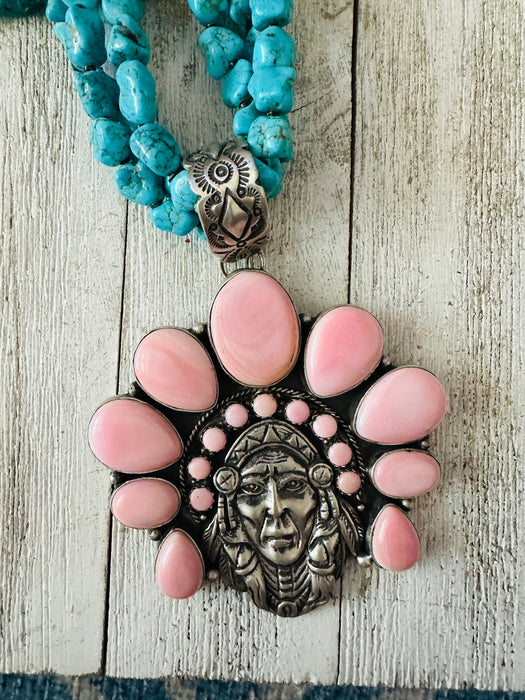 Stunning Navajo Sterling Silver, Queen Pink Conch & Turquoise Indian Chief Beaded Necklace