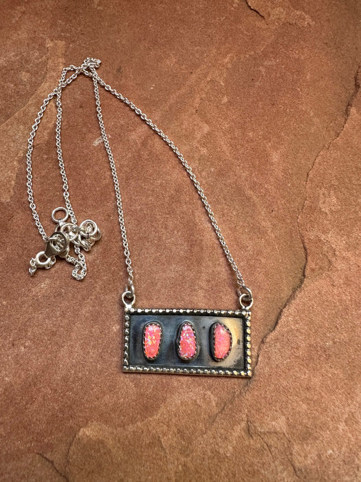 Handmade Sterling Silver & Pink Fire Opal 3 Stone Bar Necklace