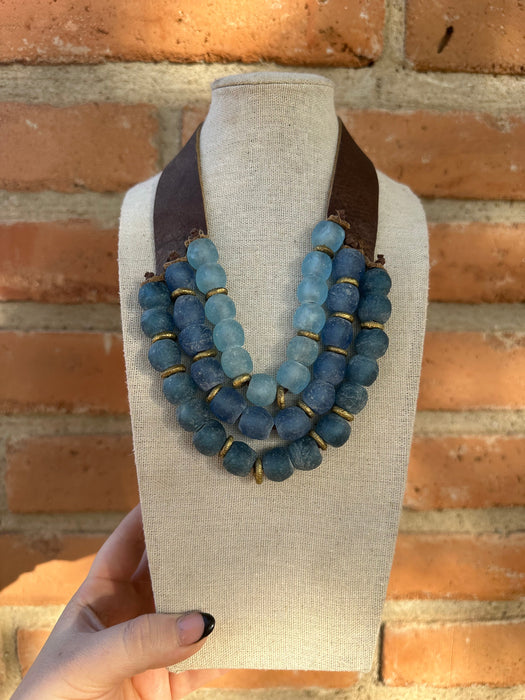 Handmade Recycled Glass 3 Strand Blue Beaded Necklace