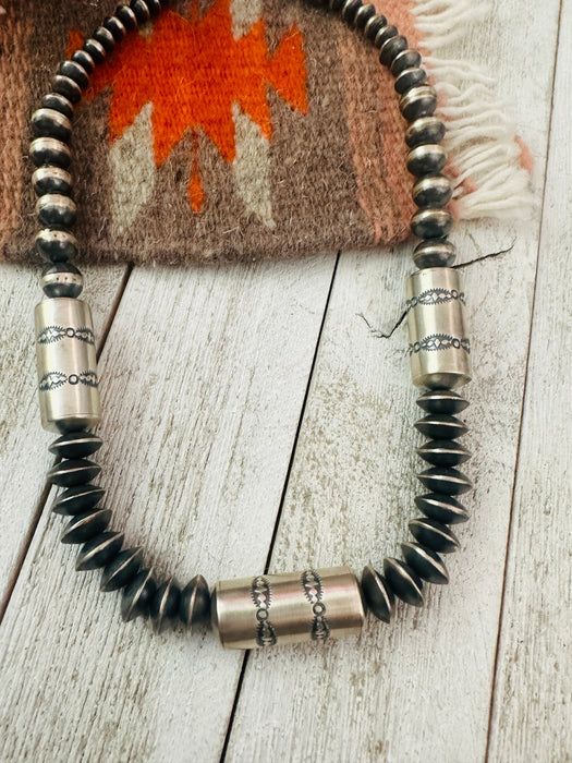Navajo Hand Stamped Sterling Silver Pearl Beaded Necklace