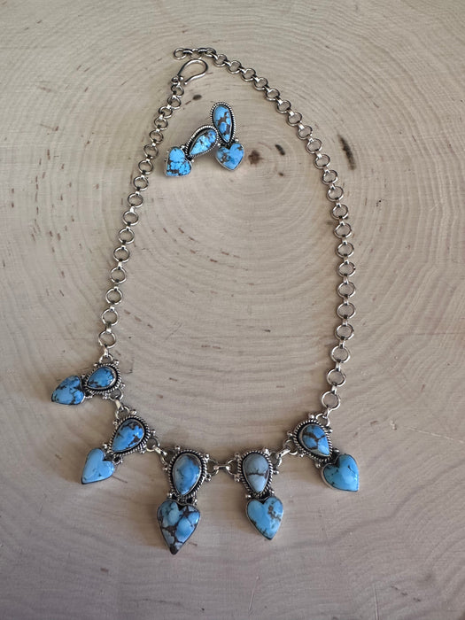 Handmade Sterling Silver & Golden Hills Turquoise Set Necklace Signed Nizhoni