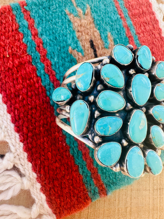 Navajo Kingman Turquoise & Sterling Silver Cluster Cuff Bracelet