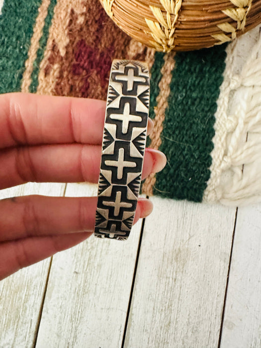 Navajo Hand Stamped Sterling Silver Cross Cuff Bracelet By Elvira Bill