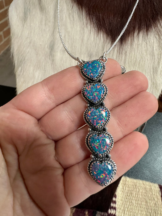 Handmade Blue Fire Opal & Sterling Silver Heart Drop Necklace