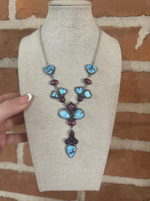 Handmade Sterling Silver, Golden Hills Turquoise, Purple Spiny Heart Necklace Signed Nizhoni
