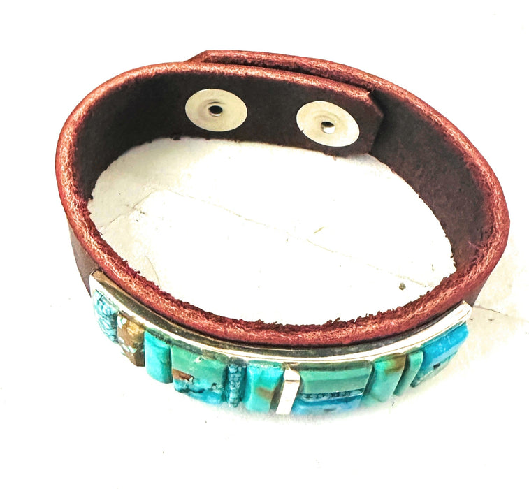 Navajo Turquoise Inlay And Sterling Silver Leather Bracelet