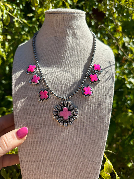 Handmade Hot Pink Fire Opal, CZ and Sterling Silver Cross Necklace