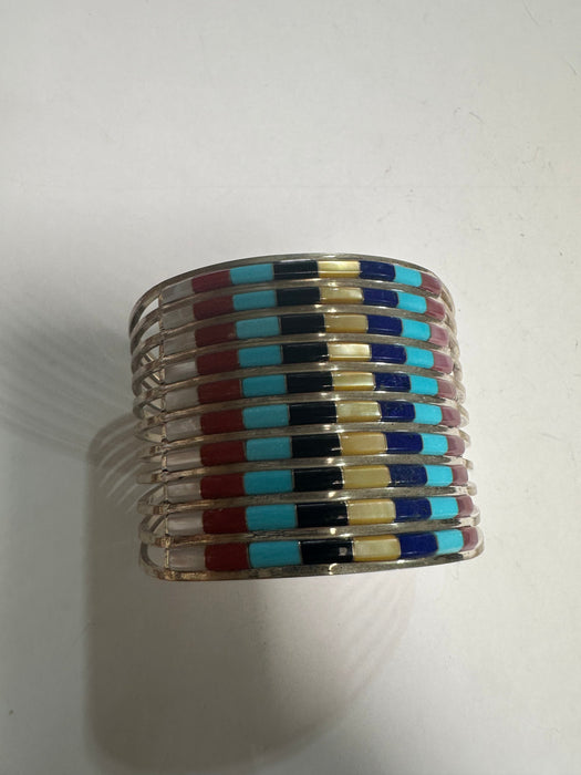 Navajo Multi Stone & Sterling Silver Inlay Cuff Bracelet Signed