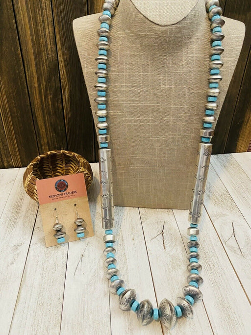 Navajo Sterling Silver & Turquoise Beaded Necklace & Earrings Set - Culture Kraze Marketplace.com
