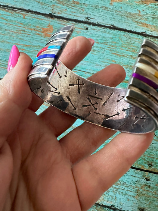Handmade Sterling Silver Multi Stone Cuff Bracelet Signed Nizhoni