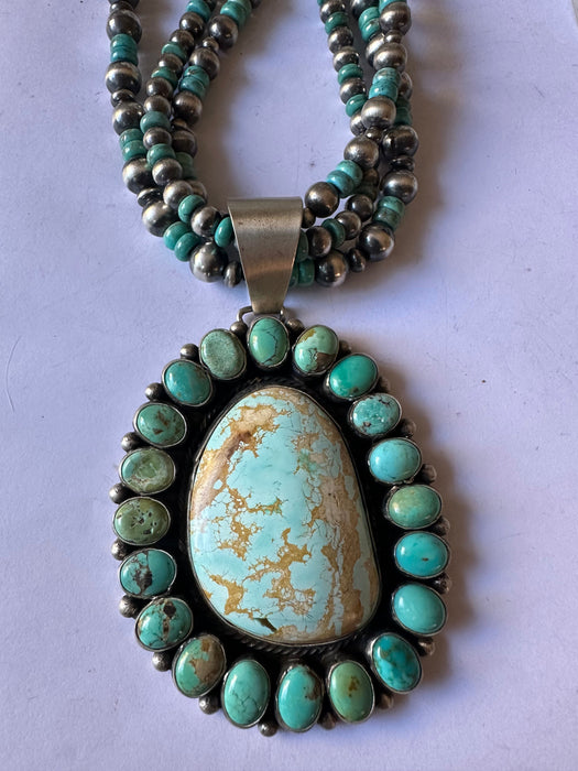 Beautiful Navajo Sterling Silver Beaded Turquoise Necklace With Pendant Signed Ella Peter