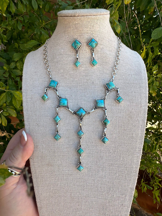 Handmade Sterling Silver & Turquoise Waterfall Necklace Set