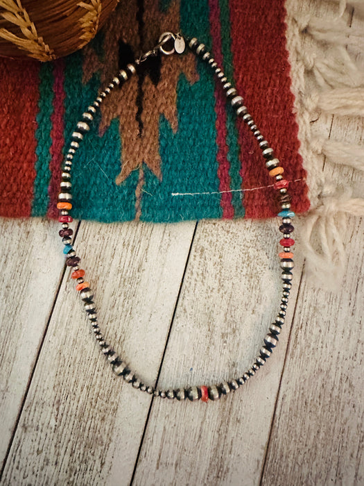 Navajo Multi Stone & Sterling Silver Pearl Beaded Necklace 16”
