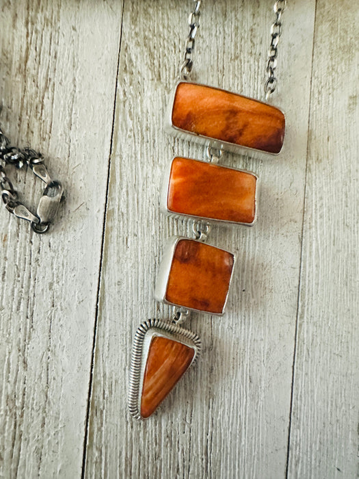 Navajo Orange Spiny & Sterling Silver 4 Stone Lariat Necklace by Wydell Billie
