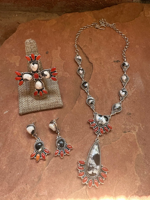 Handmade Sterling Silver, White Buffalo & Coral Necklace Earring Ring Set Signed Nizhoni