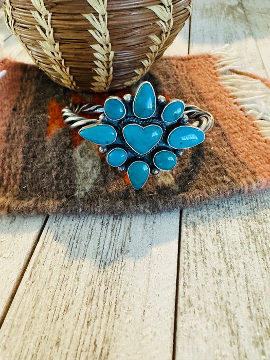 Navajo Kingman Turquoise & Sterling Silver Heart Cuff Bracelet