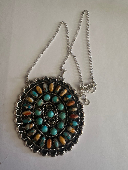 Beautiful Handmade Sterling Silver, Spice & Turquoise Cluster Necklace Signed Nizhoni