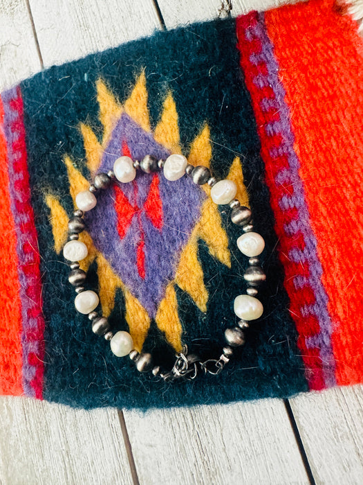 Navajo Sterling Silver & Natural Pearl Beaded Bracelet