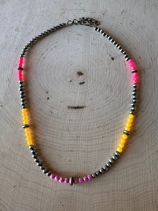Handmade Navajo Pearl Style Sterling Silver & Orange & Pink Fire Opal Beaded Necklace