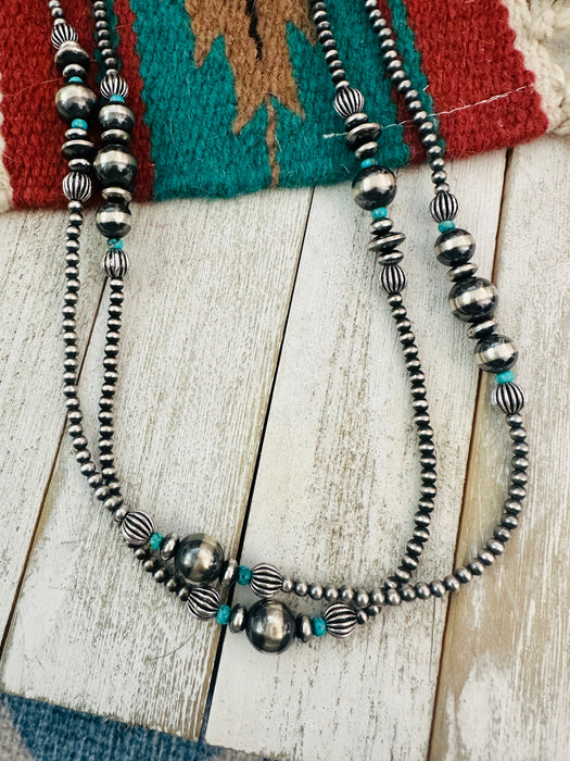 Navajo Sterling Silver Pearl & Turquoise Beaded Necklace 60”