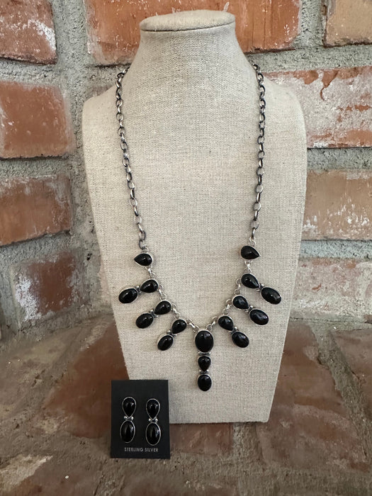 Navajo Sterling Silver & Onyx Necklace & Earring Set Signed
