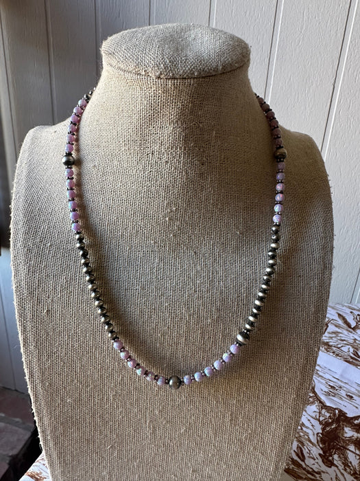Handmade Navajo Pearl Style Sterling Silver, Lavender Fire Opal Beaded Necklace