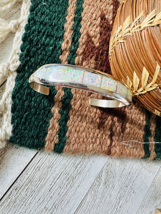 Navajo Sterling Silver & White Opal Inlay Cuff Bracelet