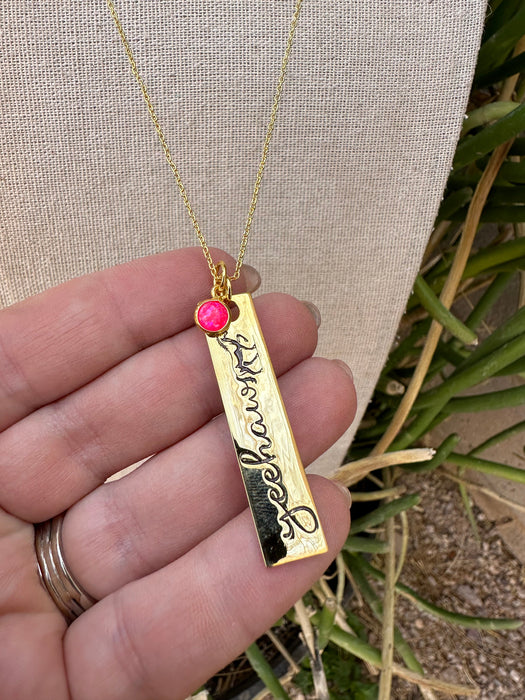 “The Golden Collection” YEEHAW Handmade Hot Pink Fire Opal 14k Gold Plated Bar Charm Necklace