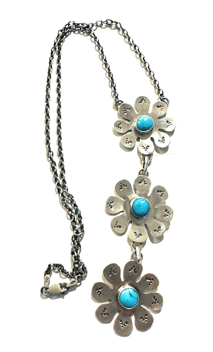 Navajo Sterling Silver & Turquoise Flower Lariat Necklace