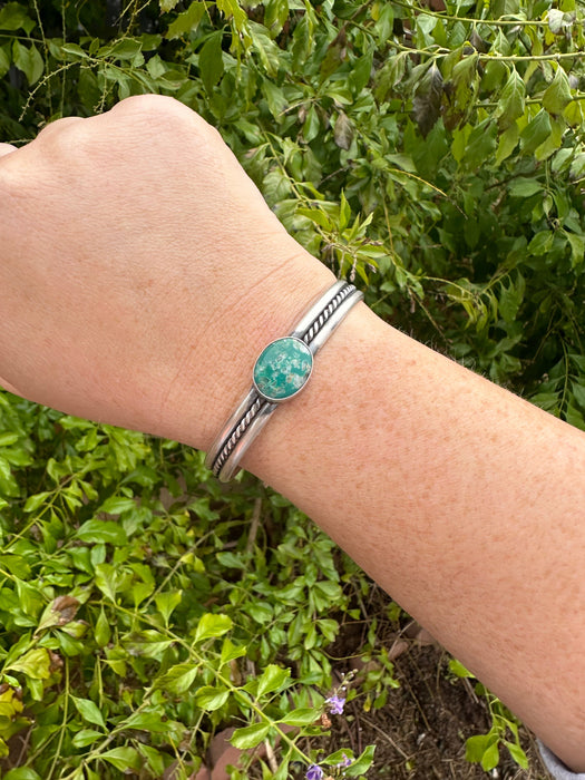 Navajo Single Stone Turquoise And Sterling Silver Adjustable Cuff Bracelet