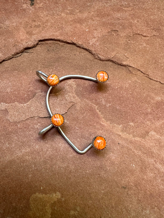 Navajo Sterling Silver & Orange Spiny Floating Stone Ear Cuff Signed Emer Thompson