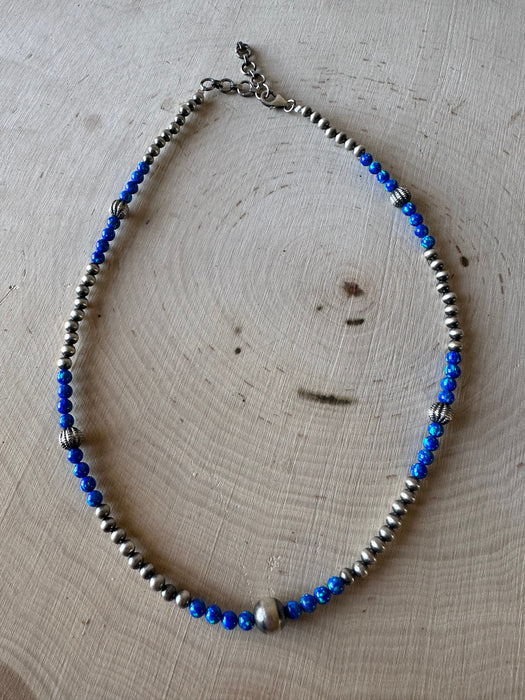 Handmade Navajo Pearl Style Sterling Silver, Blue Fire Opal Beaded Necklace