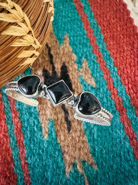 Navajo Sterling Silver & Black Onyx Heart Cuff Bracelet