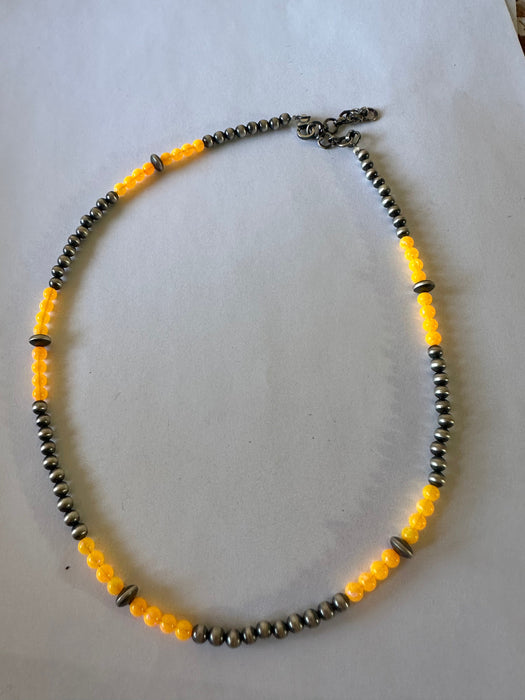 Handmade Navajo Pearl Style Sterling Silver, Orange Fire Opal Beaded Necklace
