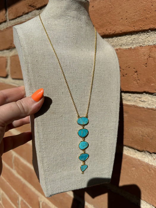 “The Golden Collection” Natural Turquoise 5 Stone Lariat Handmade 14k Gold Plated Necklace