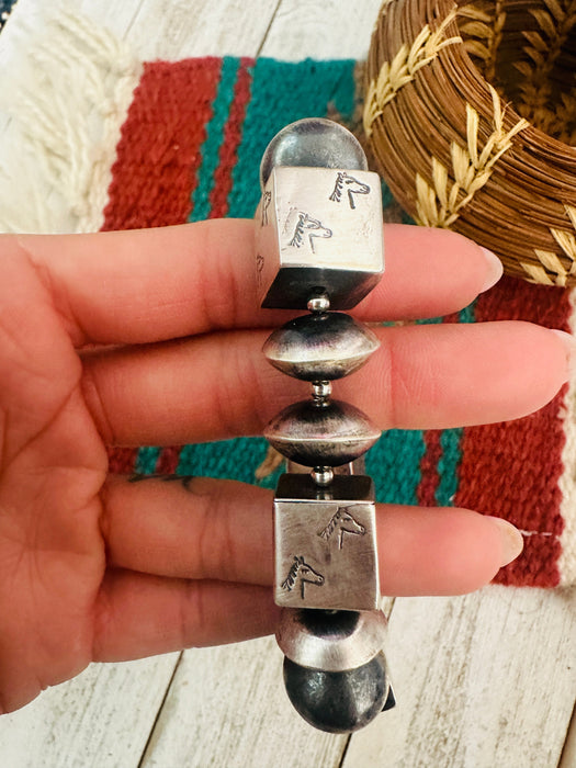 Navajo Hand Stamped Sterling Silver Beaded Horse Bracelet