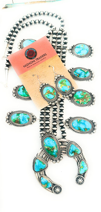 Navajo Sonoran Mountain Turquoise & Sterling Silver Squash Blossom Necklace Set