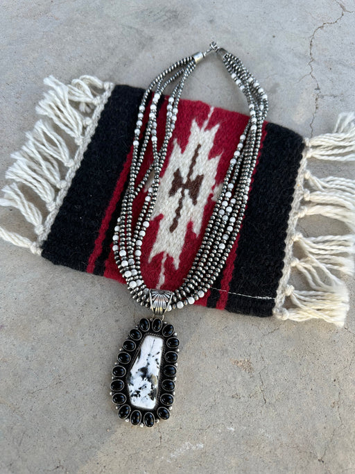 Navajo White Buffalo, Onyx And Sterling Silver 5 Strand Beaded Necklace With Pendant Signed - Culture Kraze Marketplace.com