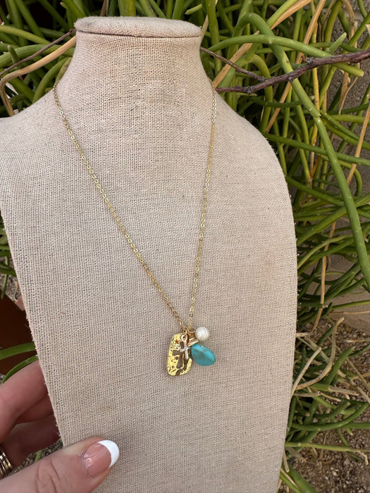 “The Golden Collection” Handmade Turquoise & Pearl Cross 14k Gold Plated Charm Necklace