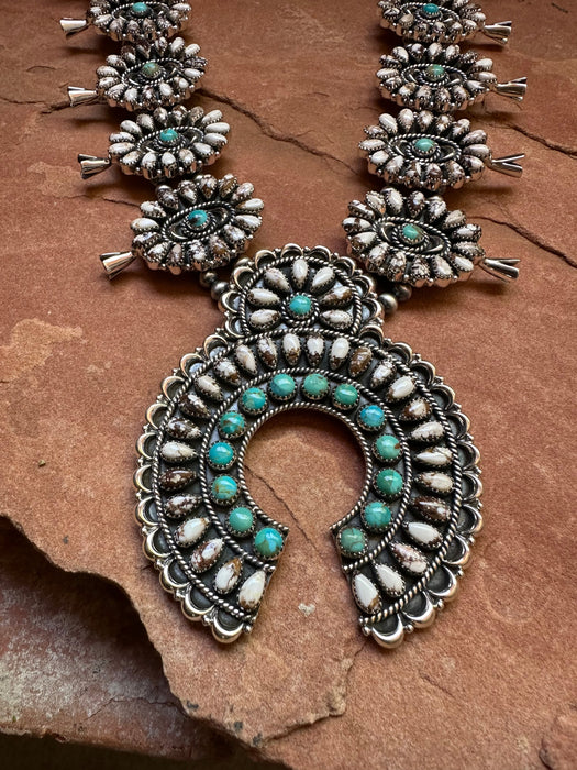 Handmade Sterling Silver, Wild Horse & Turquoise Squash Blossom Necklace Set Signed Nizhoni