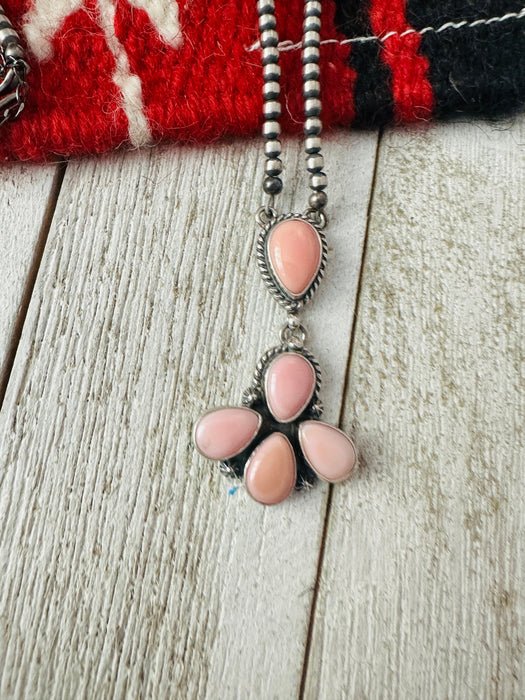 Navajo Queen Pink Conch & Sterling Silver Pearl Beaded Lariat Necklace